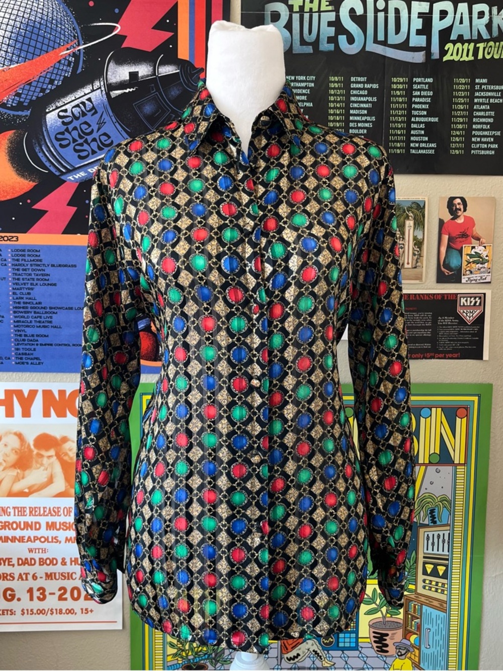 Black & multi-coloured vintage 80s patterned button-up shirt